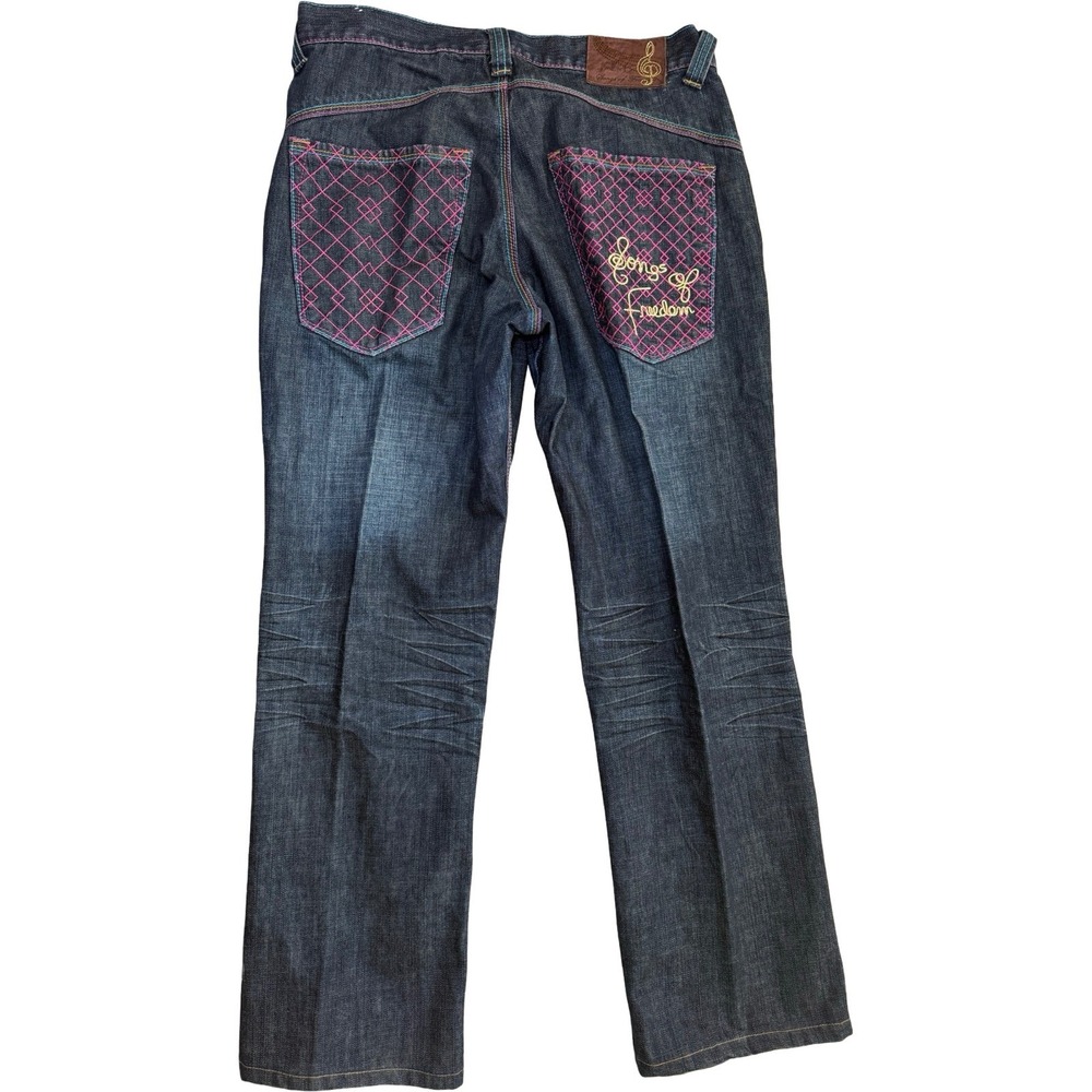 Songs of Freedom Straight Jeans Mens 32 Dark Wash Rainbow Stitch Embroidered SOF - Picture 2 of 11